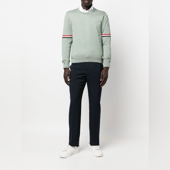 NWT Thom Browne Size 4 / 44 RWB-stripe jumper Wool Sweater Green Pullover Crew